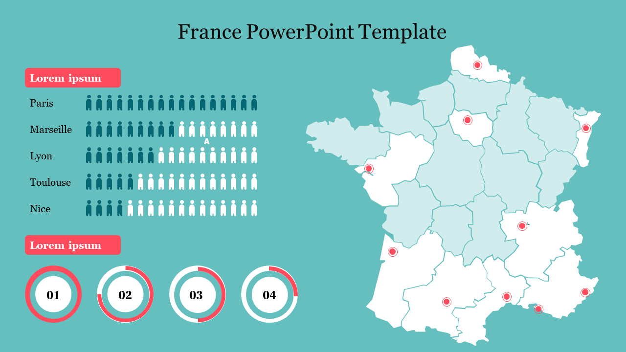 Slide showing a map of France with population icons, and red circular step indicators at the bottom on a teal background.