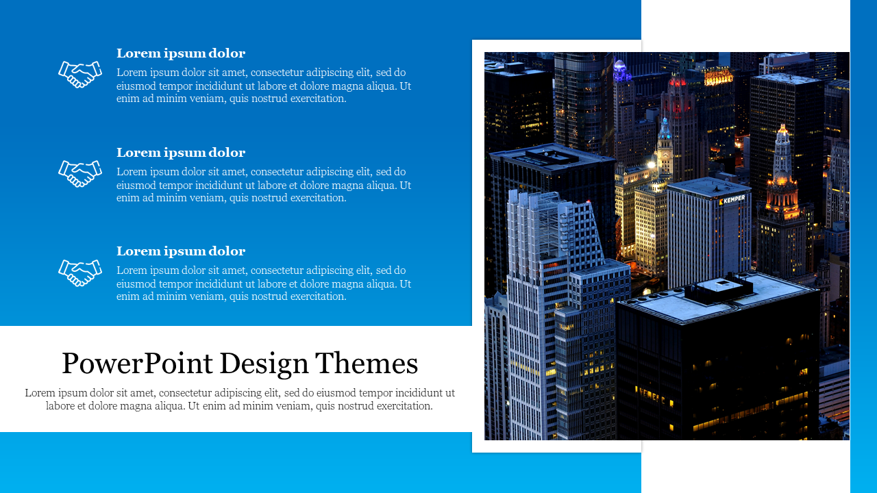 Slide with a blue and white layout, featuring a night time city skyline and three hand shake icons with text placeholders.