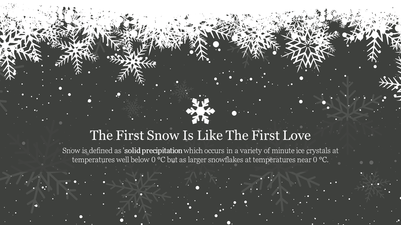 Black-and-white winter-themed design with snowflakes and a central snowflake icon on a dark background.