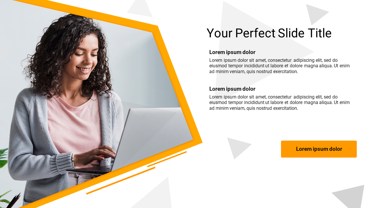 Slide with a photo of a smiling person using a laptop, framed by orange accents and text placeholders.