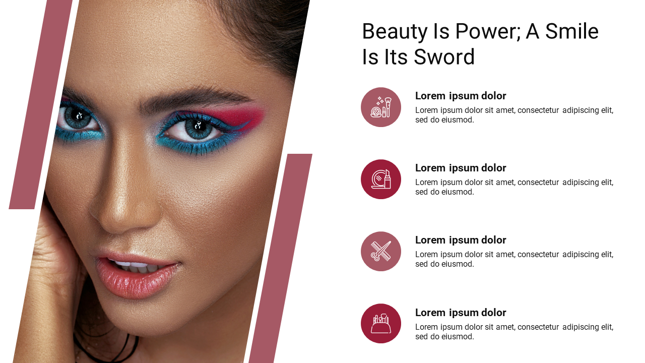 PowerPoint template with a beauty theme featuring a close up image of a woman with colorful makeup and icons.