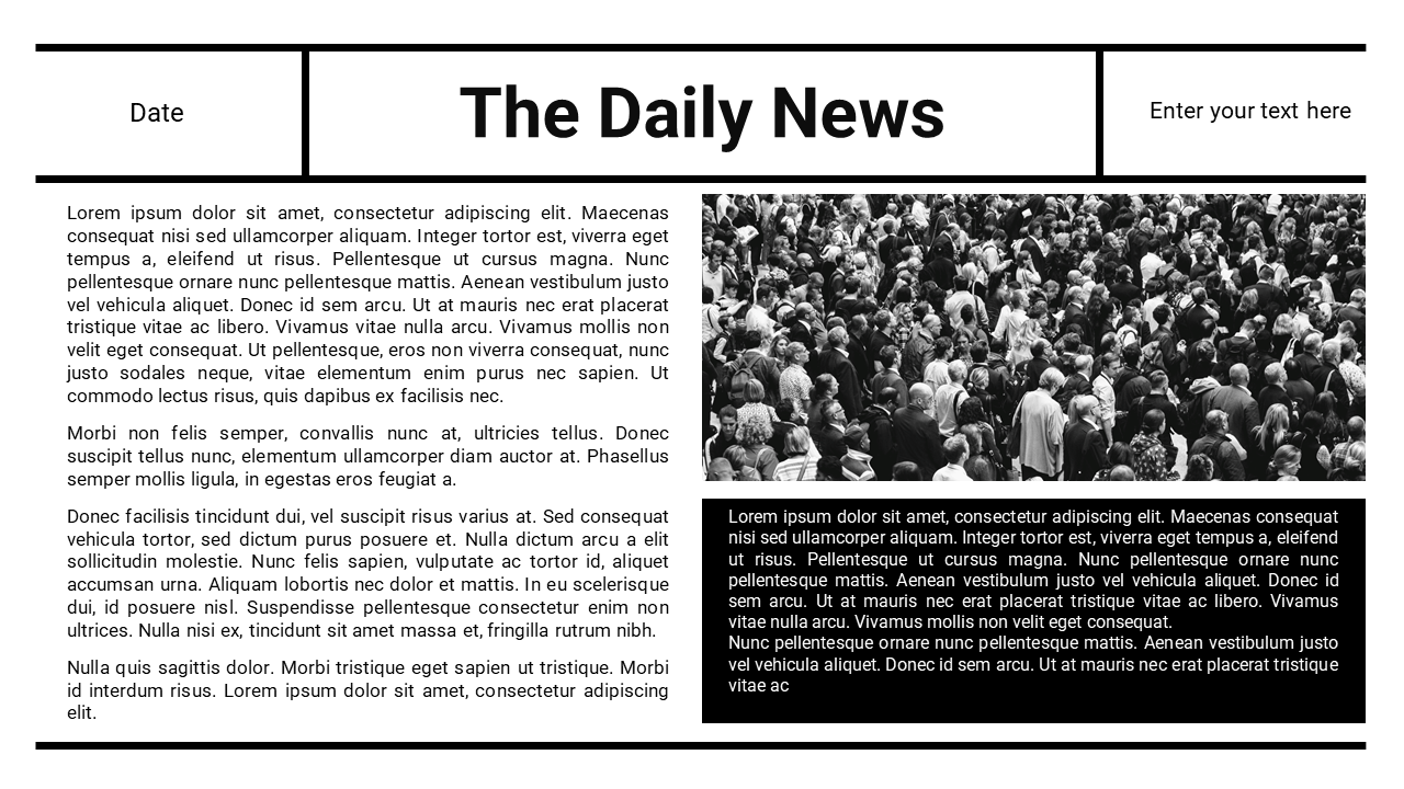 Newspaper themed slide featuring columns of text and a photo of a crowded gathering.