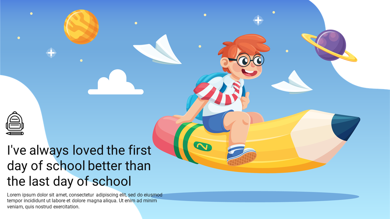 Illustration of a boy riding a giant pencil in space, surrounded by planets and paper airplanes, with a back to school quote.