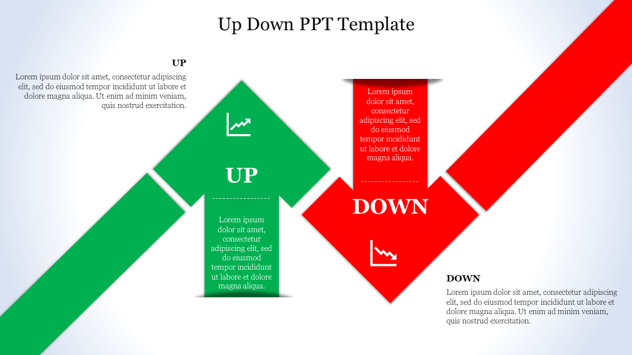 A green upward and a red downward arrow with text representing contrasting growth and decline.