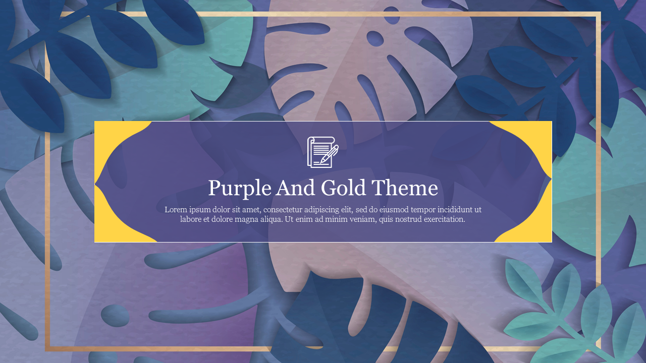 Layered leaves in purple and teal hues, with a centered  banner displaying purple and gold theme and placeholder text.