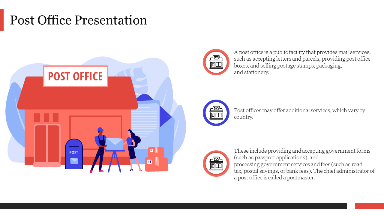 Illustration of a red post office building with people, and three bullet points with circular icons on the right.