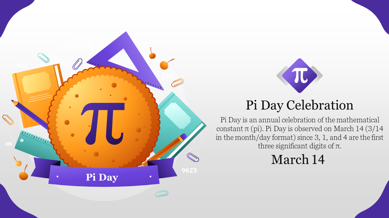 Colorful Pi day celebration graphic featuring a large pi symbol on a cookie, surrounded by geometric shapes and stationery.