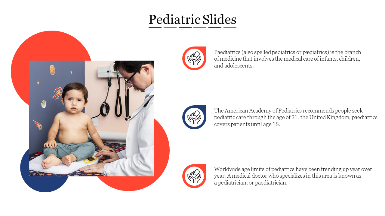 Paediatric care slide featuring a doctor examining a young child, accompanied by text explaining the field of child health.