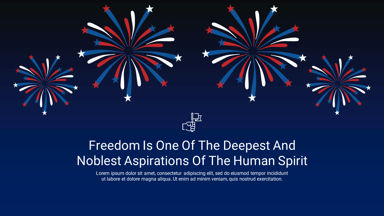 Patriotic themed slide with red, white, and blue fireworks on a dark background and a quote about freedom.