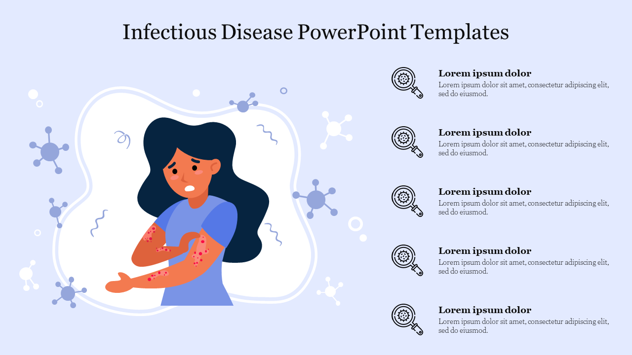 Graphic showing a woman with skin irritation with icons and textbox on the side, illustrating infectious disease concepts.