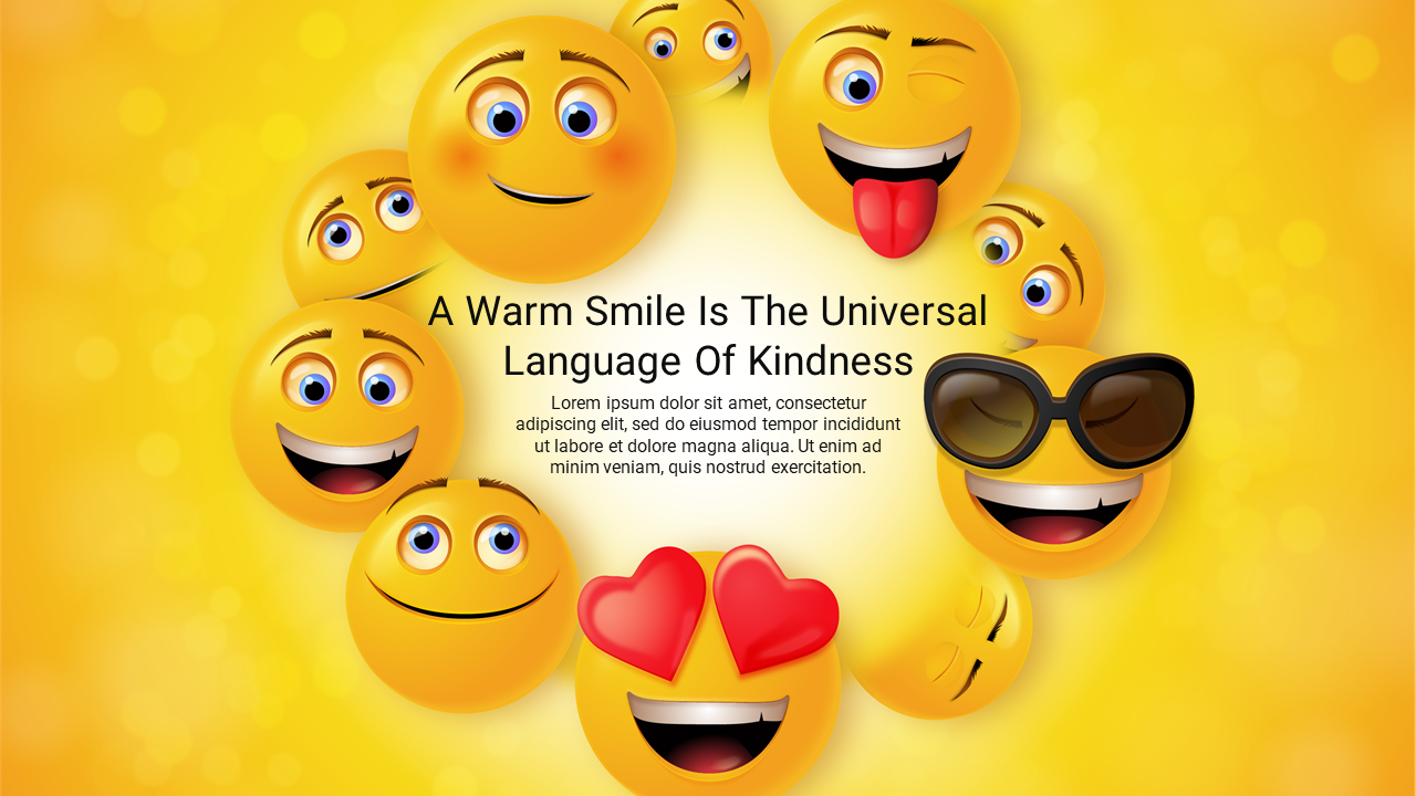 Yellow background slide with multiple smiley faces and a quote about the power of a warm smile at the center.