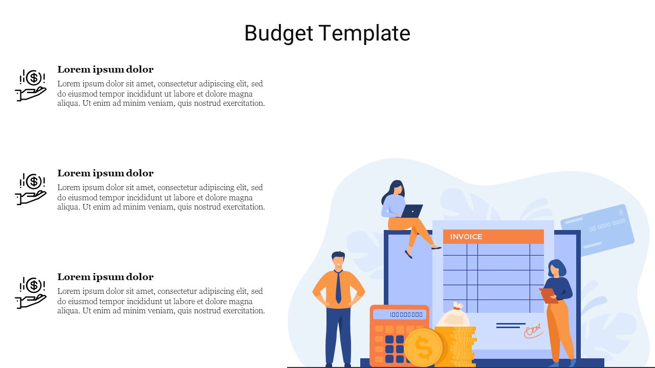 Budget slide featuring an invoice and calculator illustration at the bottom, with three bullet point placeholders and icons