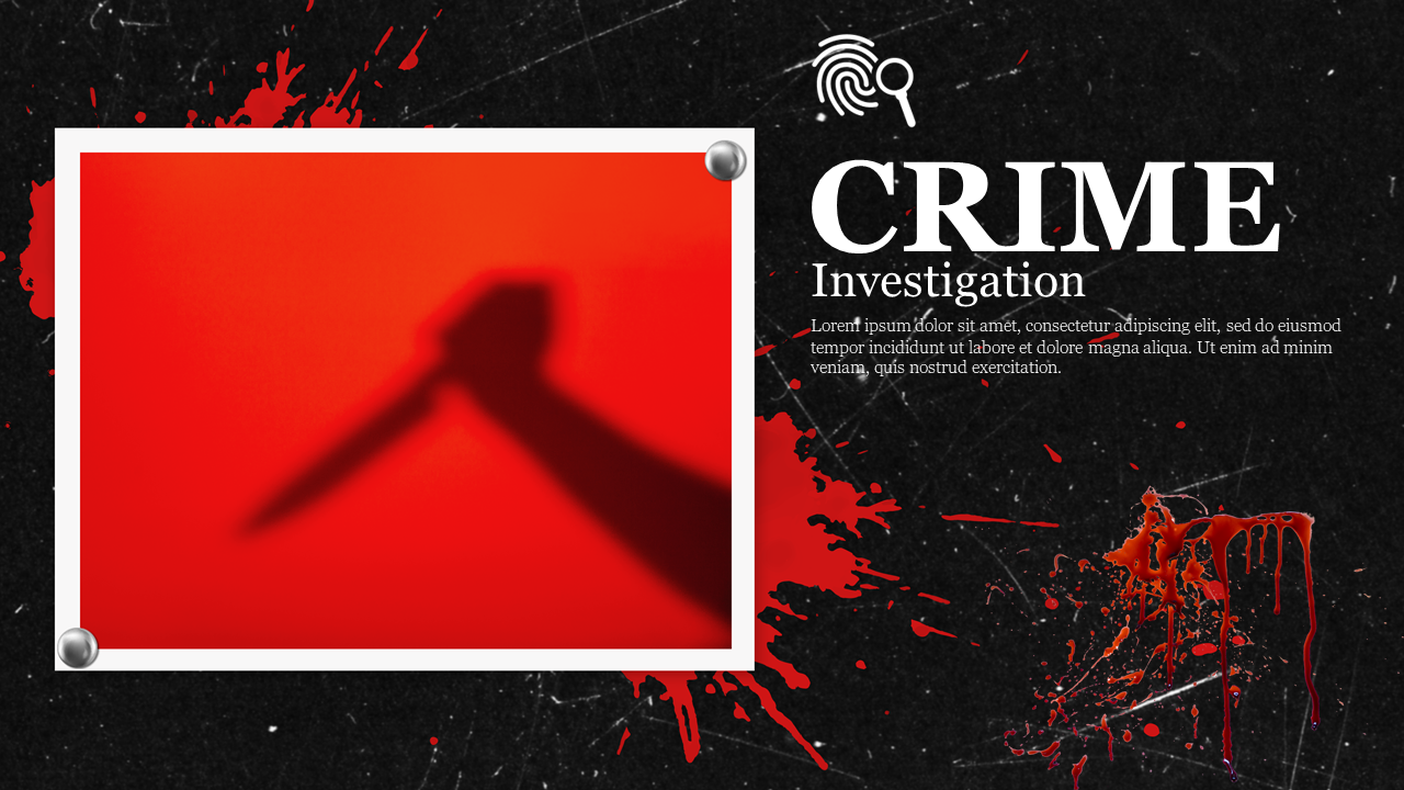 Crime investigation slide featuring a shadow of a knife against a red background and blood splatter effects with text area.