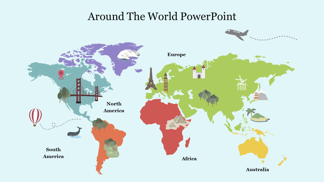 World map illustration with continents in different colors, featuring iconic landmarks and animals from each region.