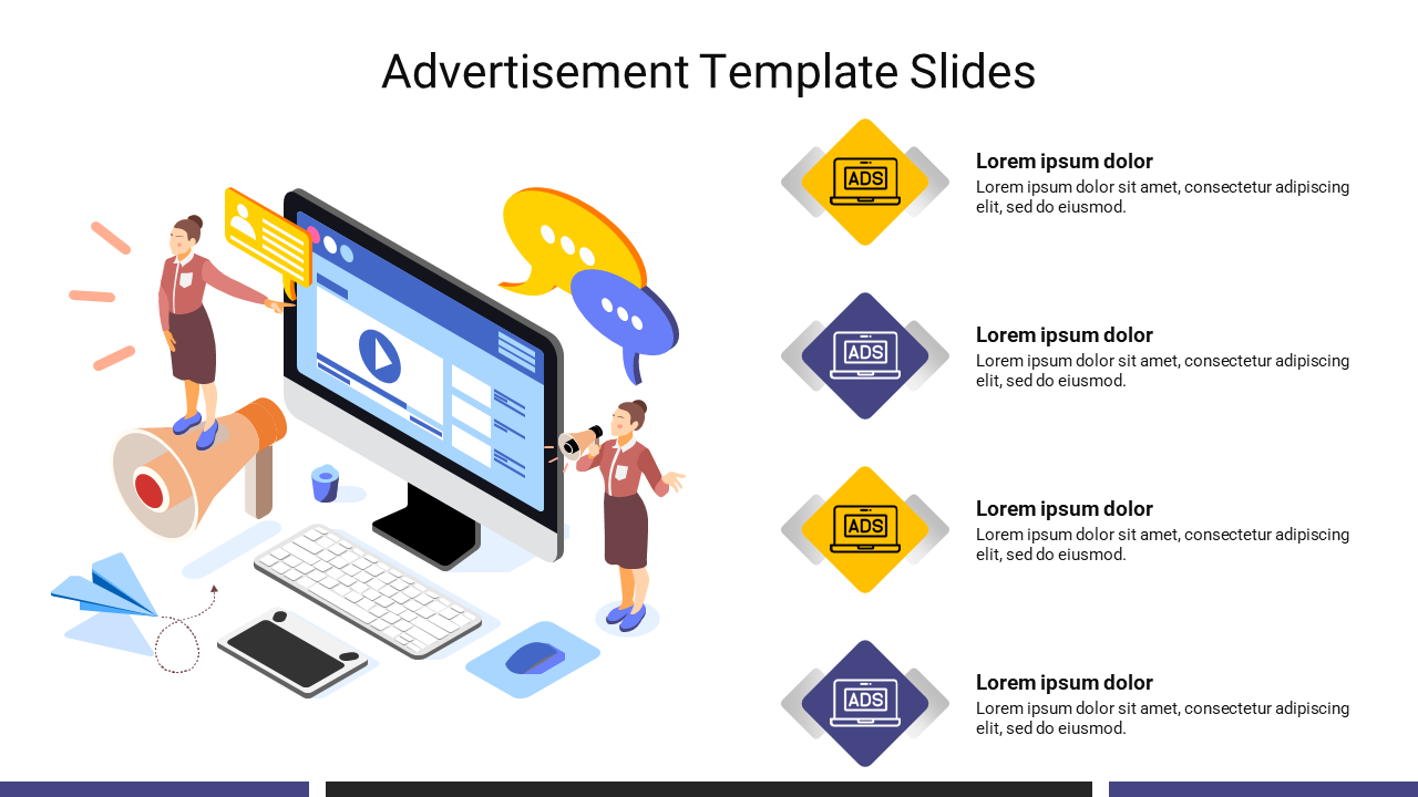 Digital advertisement elements with a computer screen, megaphone, and text boxes and four ad icon placeholders text.