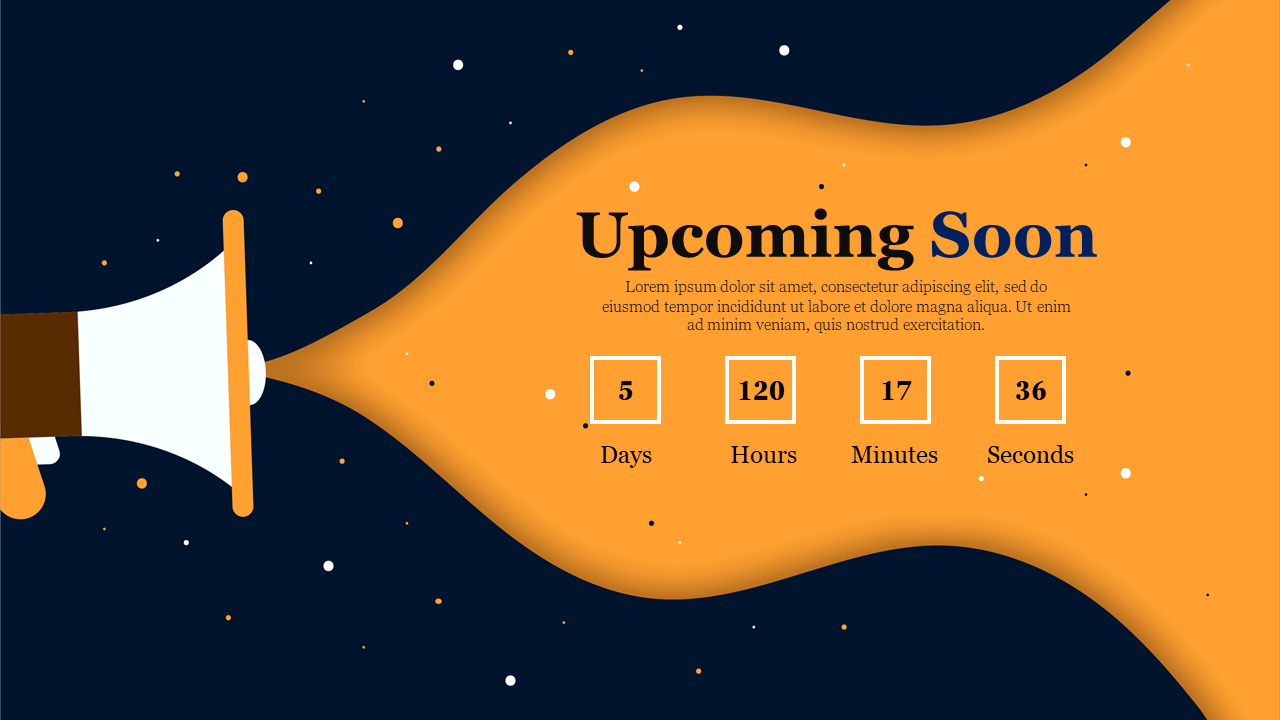 Countdown timer slide for an upcoming event, with a megaphone illustration and a space themed background.