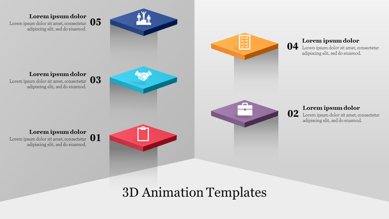 Five floating 3D squares in red, blue, orange, purple, and cyan, each with numbers and icon on a light background.