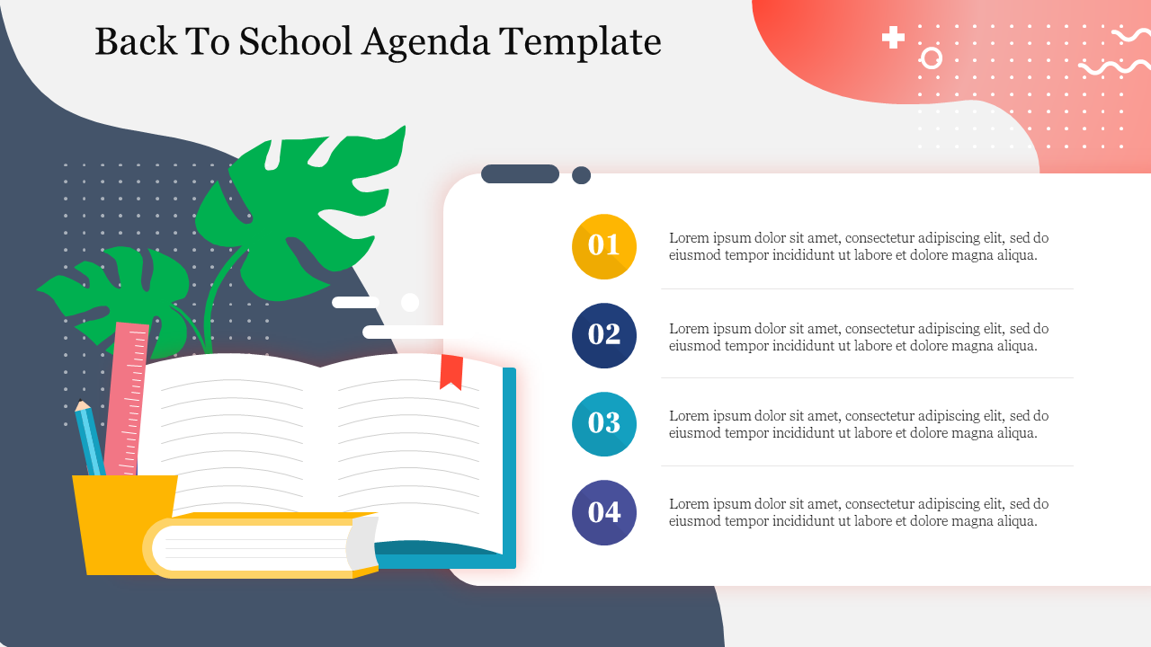 Back to school agenda template with an open notebook, pencils, and books, along with numbered agenda points.