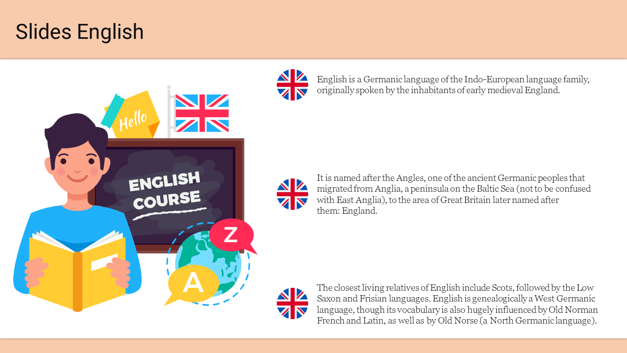 A student reading a book and an English course board, with three text sections with British flag icons explaining facts.