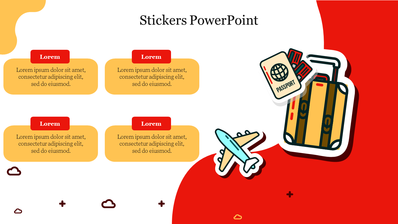 Travel themed stickers including a suitcase, passport, and airplane on a red and white background with four yellow sections.