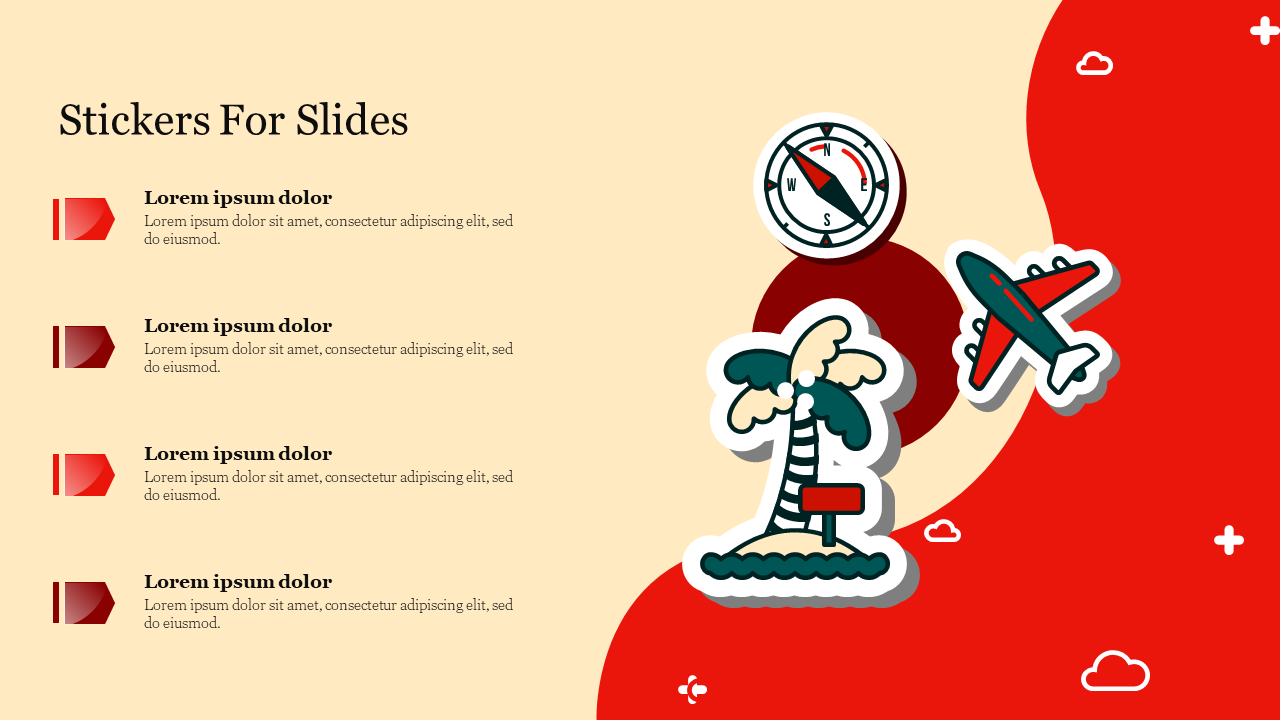 Stickers design for slides like icons of a compass, airplane, and  island on a red and cream background with text area.