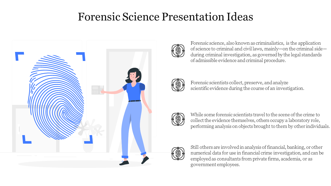 Illustration of a woman analyzing a large fingerprint on a screen, with four forensic science-related text points listed.