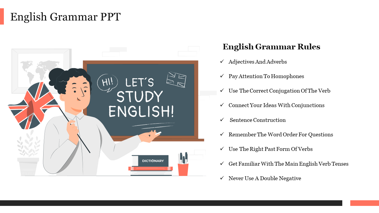 Grammar slide with a teacher illustration and a list of key grammar rules on a white background.