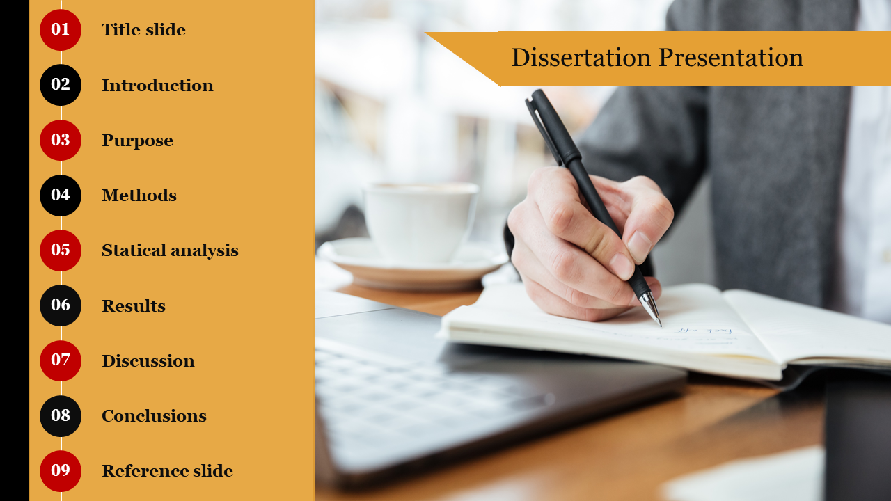 Nine dissertation steps listed in red and black circles, and a hand writing with a pen, near a laptop and coffee cup.