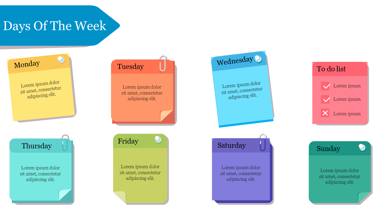 Sticky notes for each day of the week in various colors, with a to-do list on the right.