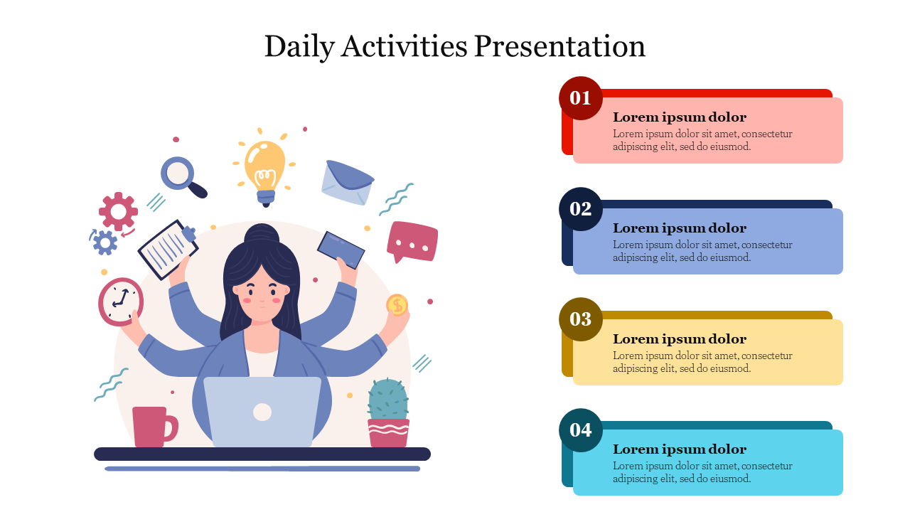 Creative daily activities slide showing a woman with multiple arms handling various tasks and icons with a numbered text box.