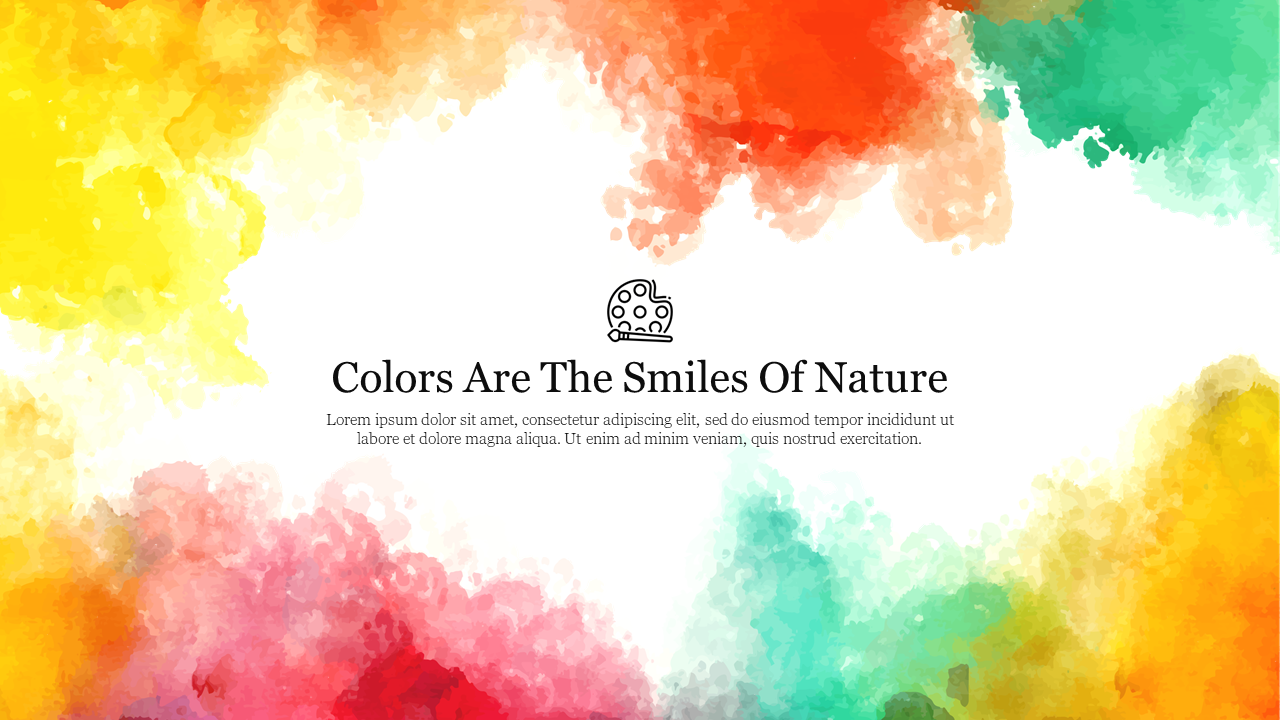 Bright watercolor splashes in multiple colors, surrounding the centered text about nature and colors