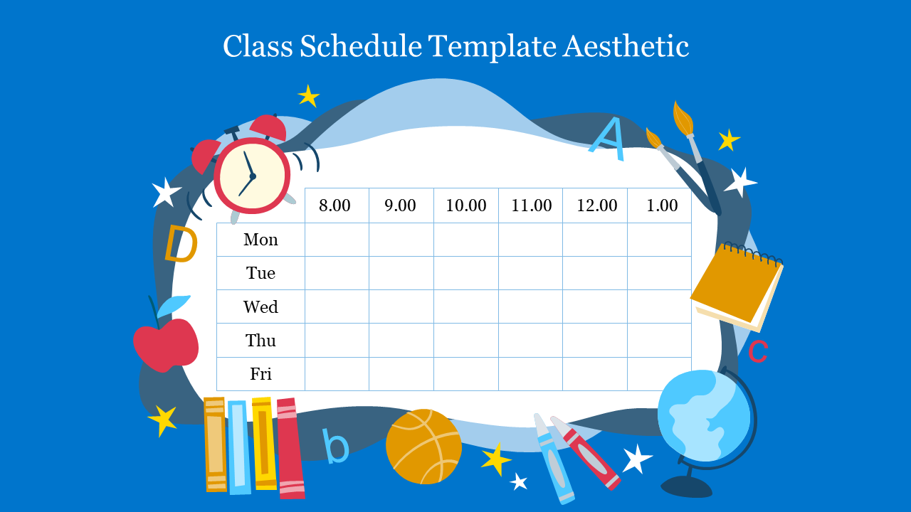 Class schedule slide featuring a grid for days and times, surrounded by colorful school themed icons, on a blue background.