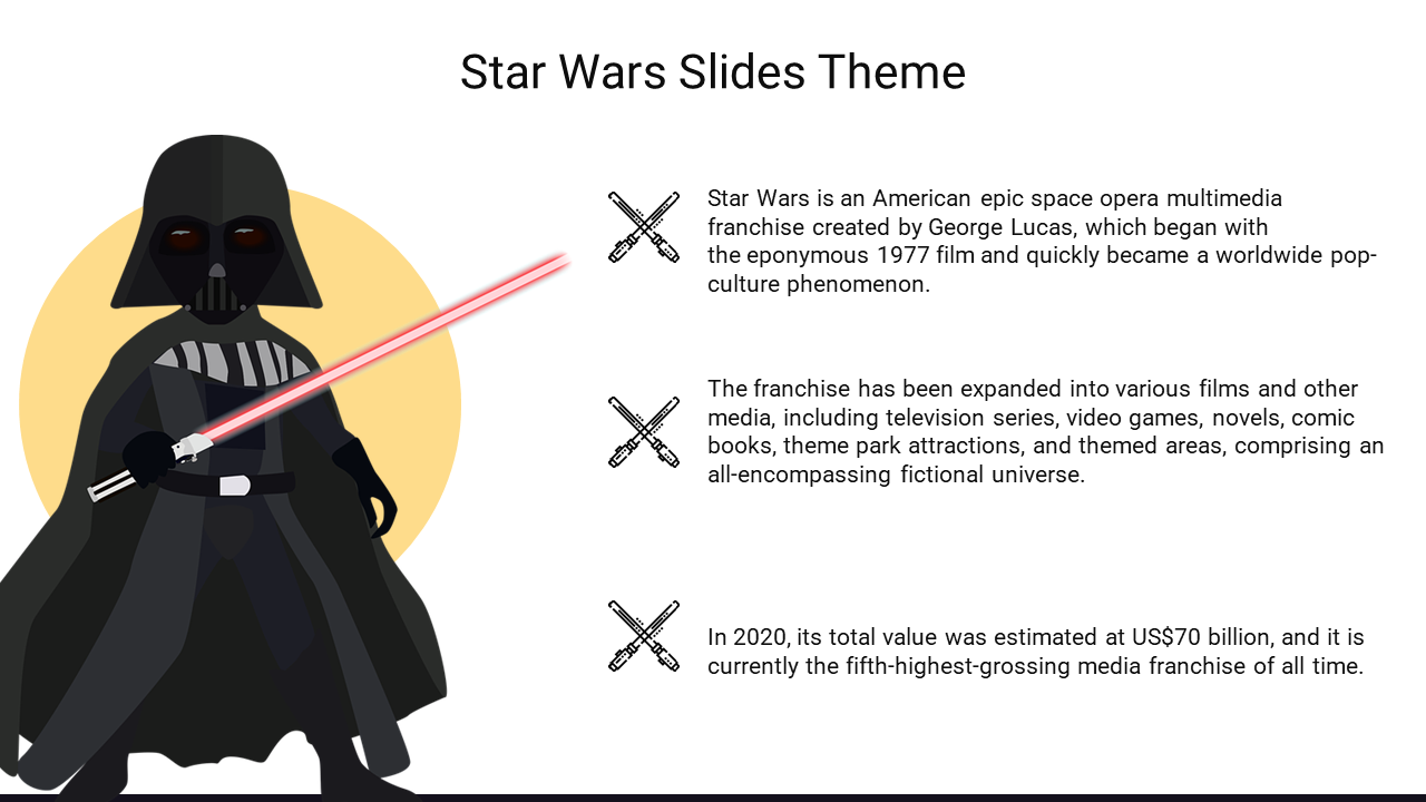 Slide featuring a Star Wars character with a red lightsaber and three bullet points describing the franchise's success.