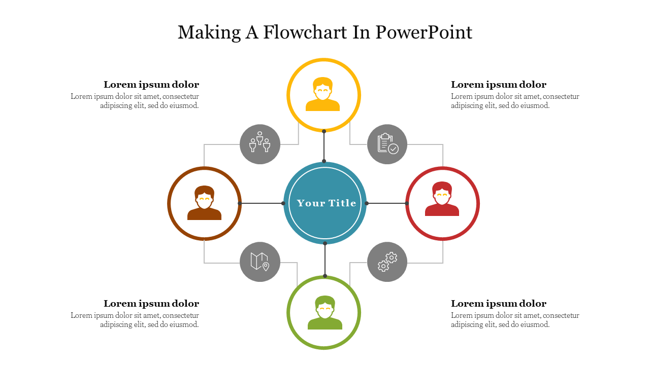 Flowchart template with a central blue node branching into four color-coded user icons, surrounded by smaller gray icons.