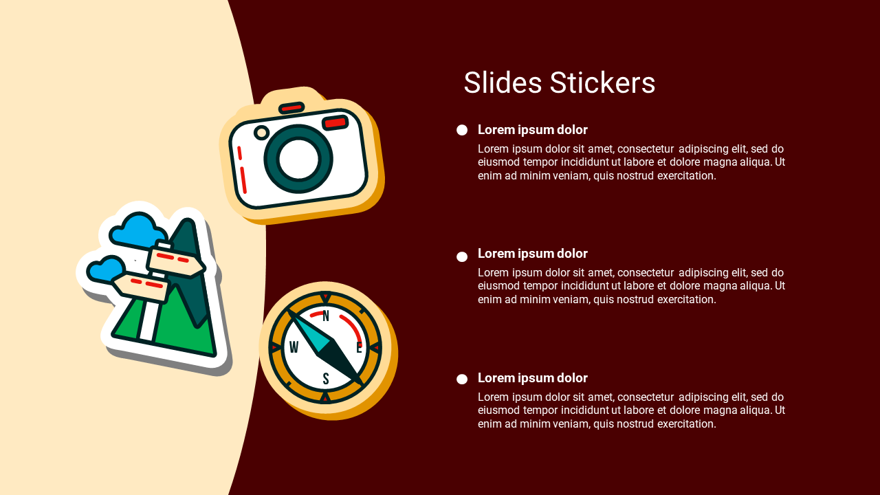 Three stickers on a brown background a camera, a mountain with signposts, and a compass with each having placeholder text.