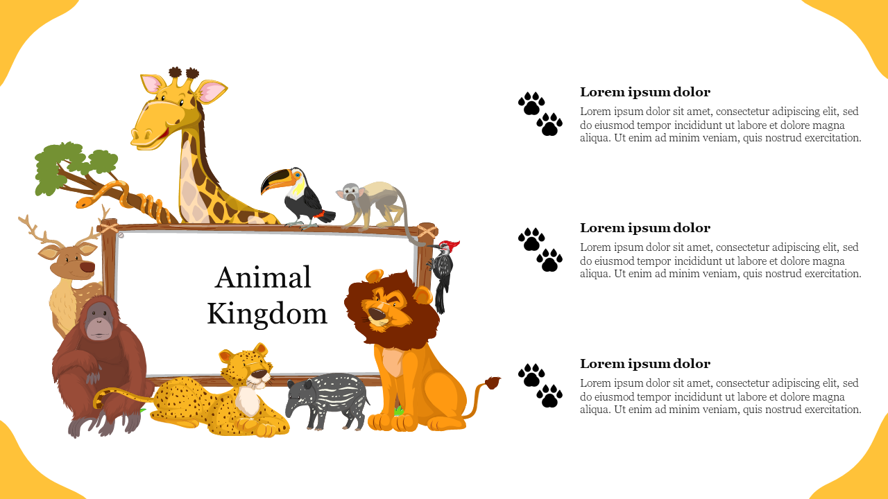 Group of animals illustration around a wooden sign, and three captions with paw print icons aligned on the right.