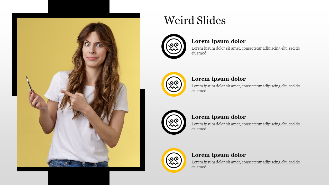 Woman pointing to the side on a yellow background with three circular icons and descriptions to the right.