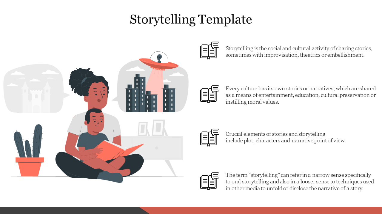 PowerPoint slide on storytelling with a mother reading to her child, illustrating key narrative elements.