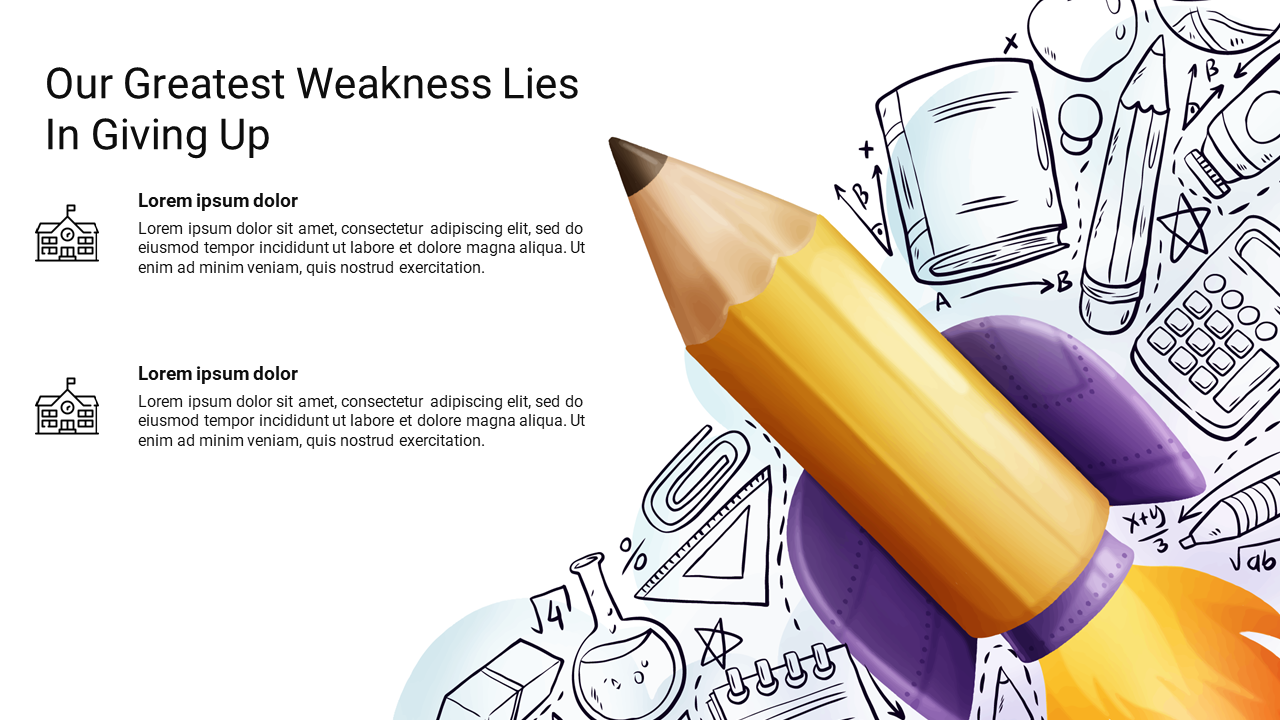 Education themed layout featuring a rocket shaped pencil surrounded by school doodles, with left aligned text sections.