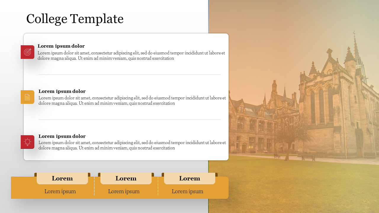 College themed layout with three text sections featuring icons, overlaid on a historical campus building background.