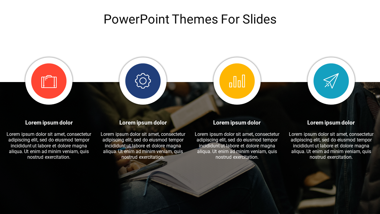 A Google slide with various theme icons like a suitcase, gear, bar chart, and paper plane with a dark background and text.