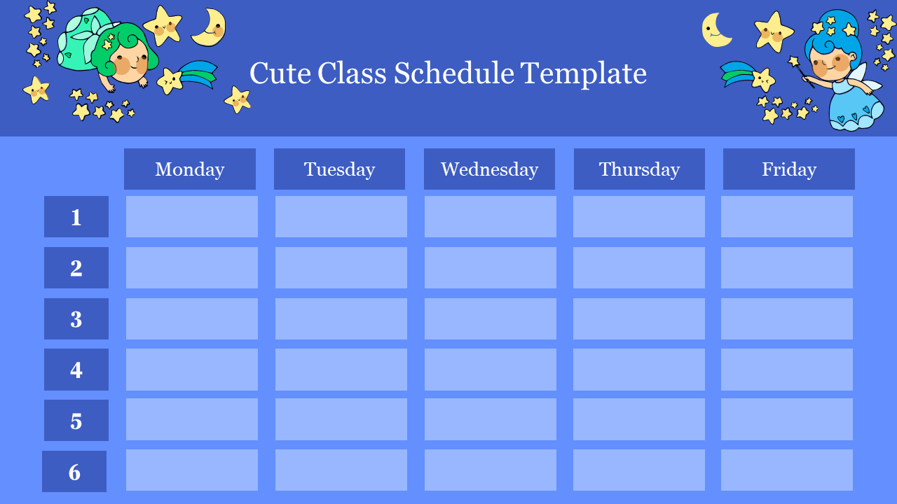 Cute blue class schedule template with six rows, five columns, and cartoon star characters on the top border.