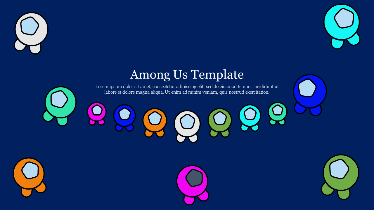 Among us-themed slide featuring colorful crewmates against a dark blue background, with placeholder area.