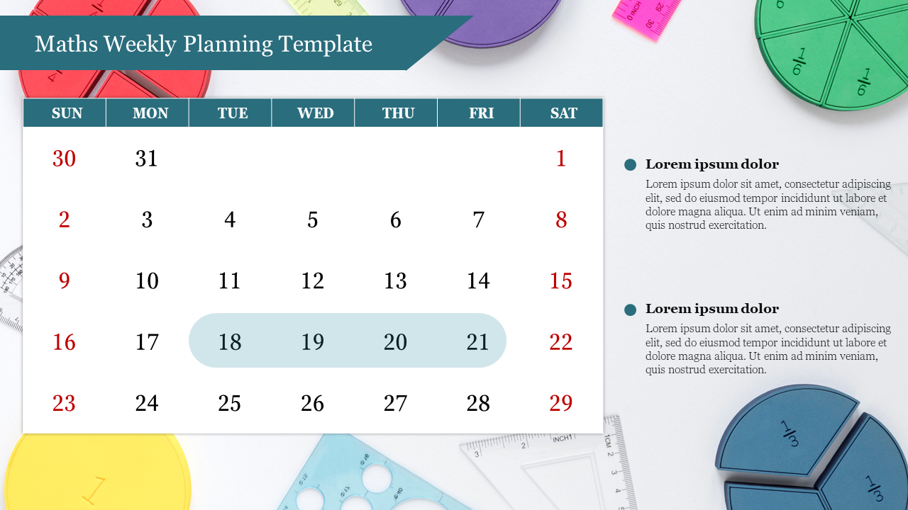 Maths weekly planning template featuring a calendar with colored geometric shapes, a ruler, and a math fraction visual.