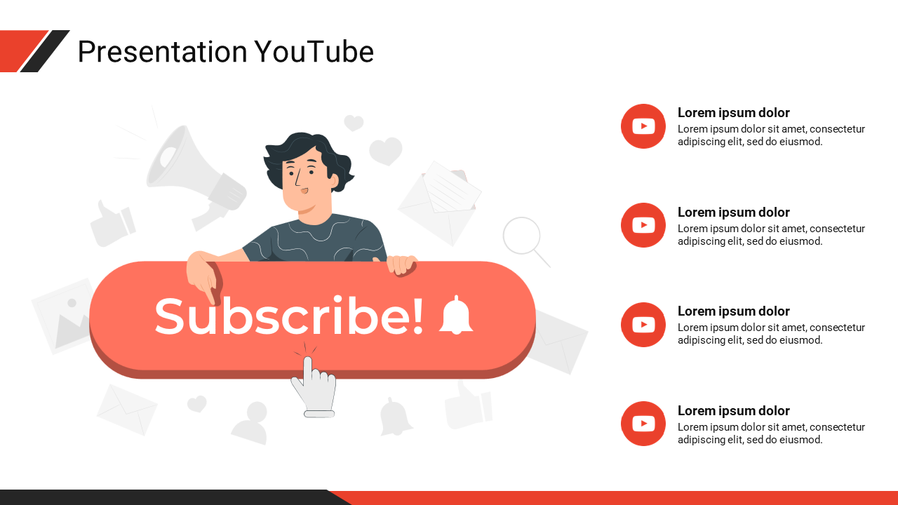 YouTube-themed slide with a large subscribe button held by a character, alongside four placeholders text areas. 