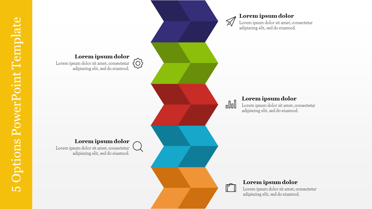 Vertical stack of five 3D arrows in purple, green, red, blue, and orange, each linked to icons and text, with yellow sidebar.