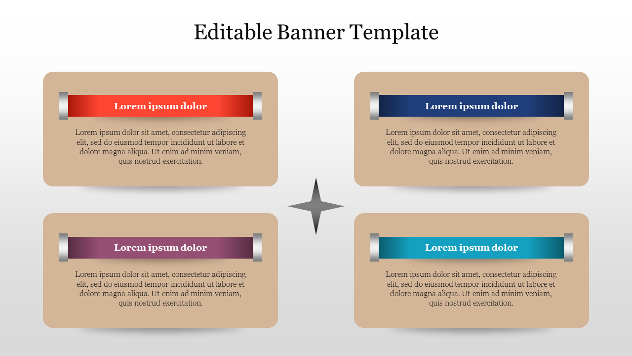 Slide with four rectangular banners in red, blue, purple, and teal, each with text areas.