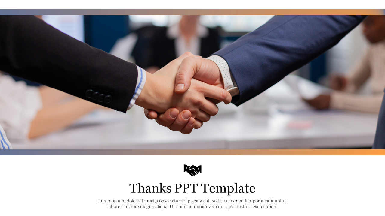 Close-up of two people shaking hands, symbolizing agreement, with thank you text and placeholder text areas below.