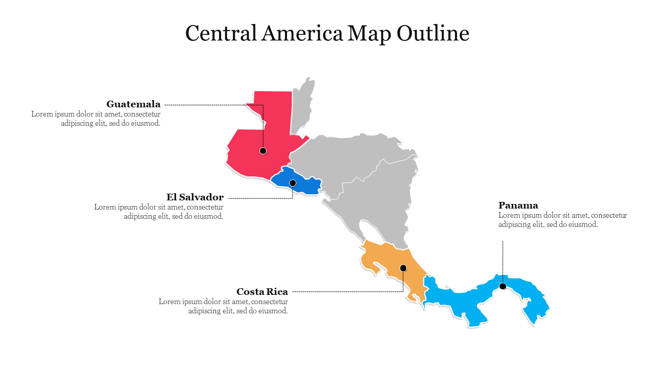 Outlined Central America map with four highlighted regions in red, blue, and orange, and labeled points for major locations.