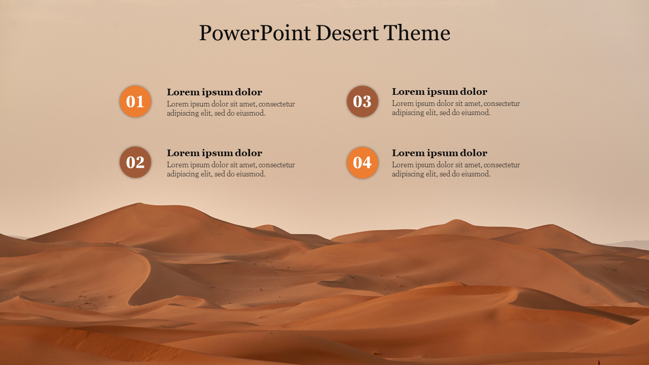 Desert themed slide with four numbered text captions overlaying dunes at sunset.